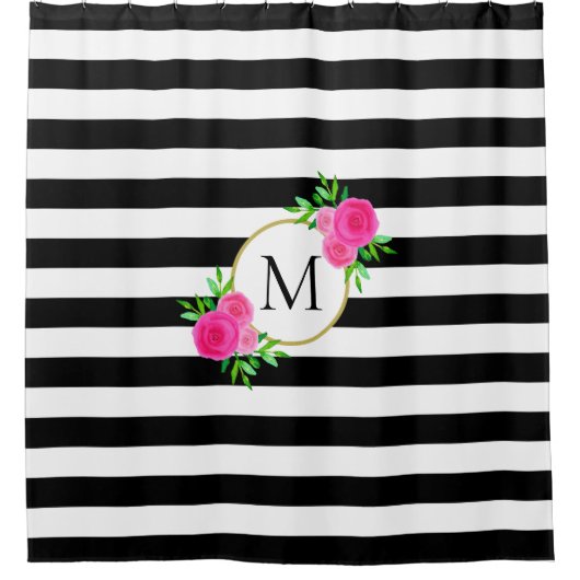 白黒ストライプピンクウォーターカラーフローラモノグラム シャワーカーテン (正面)