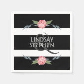 白黒ストライプピンクエレガントフローラ結婚ズ スタンダードカクテルナプキン (正面)