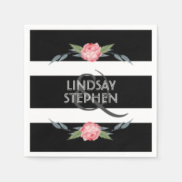 白黒ストライプピンクエレガントフローラ結婚ズ スタンダードカクテルナプキン