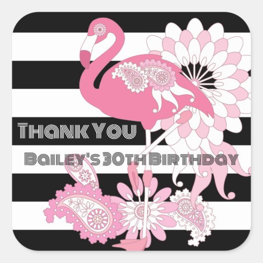 白黒ストライプピンクフラミンゴ誕生日 スクエアシール (正面)