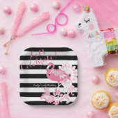 白黒ストライプピンクフラミンゴ誕生日 ペーパープレート (パーティー)