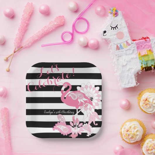 白黒ストライプピンクフラミンゴ誕生日 ペーパープレート (パーティー)