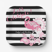 白黒ストライプピンクフラミンゴ誕生日 ペーパープレート (正面)