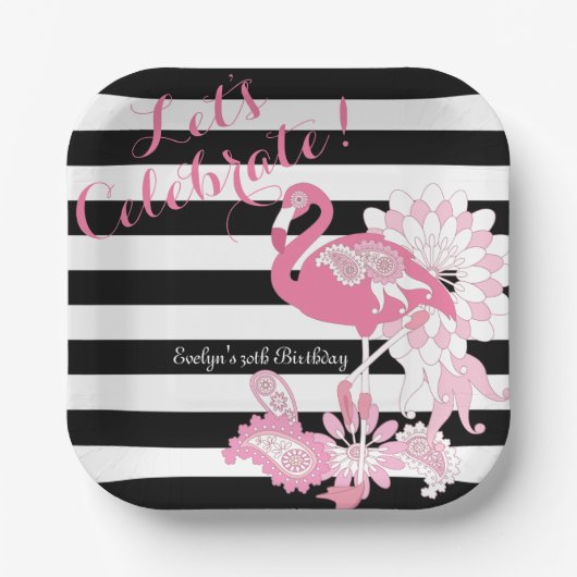 白黒ストライプピンクフラミンゴ誕生日 ペーパープレート (正面)