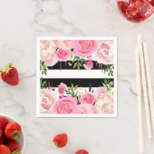 白黒ストライプピンクフローラブライダルシャワー スタンダードカクテルナプキン (インサイチュ)