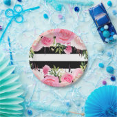 白黒ストライプピンクフローラブライダルシャワー ペーパープレート (パーティー)