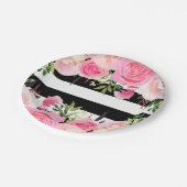 白黒ストライプピンクフローラブライダルシャワー ペーパープレート (アングル)