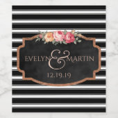 白黒ストライプピンクフローラ結婚式の引き出物 ワインラベル (シングルラベル)