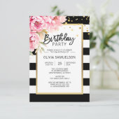 白黒ストライプピンクペオニーズバースデーパーティー 招待状 (スタンド正面)