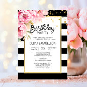白黒ストライプピンクペオニーズバースデーパーティー 招待状