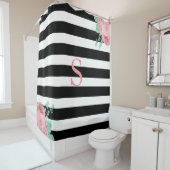白黒ストライプピンクミントグリーンフローラモノグラム シャワーカーテン (インサイチュ)