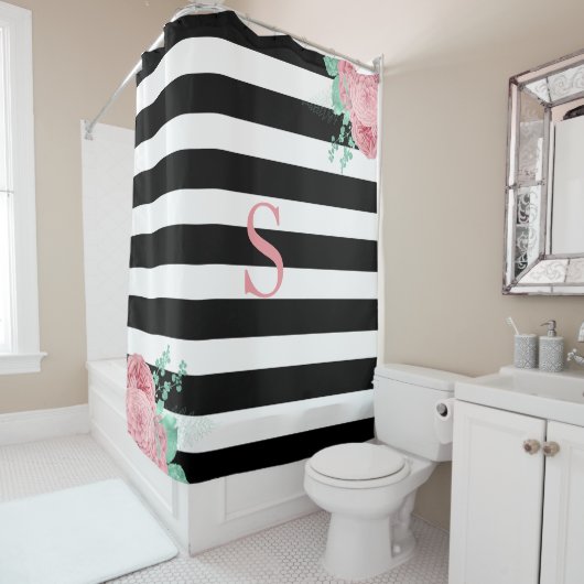 白黒ストライプピンクミントグリーンフローラモノグラム シャワーカーテン (インサイチュ)