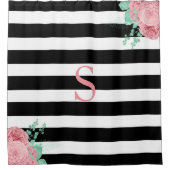 白黒ストライプピンクミントグリーンフローラモノグラム シャワーカーテン (正面)