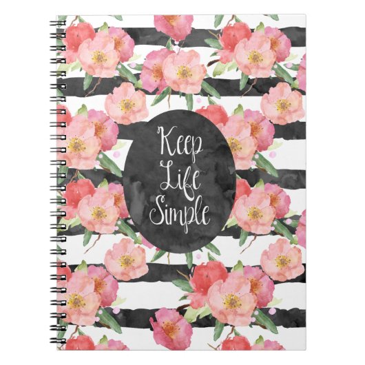 白黒ストライプピンク水色フローラ ノートブック (正面)