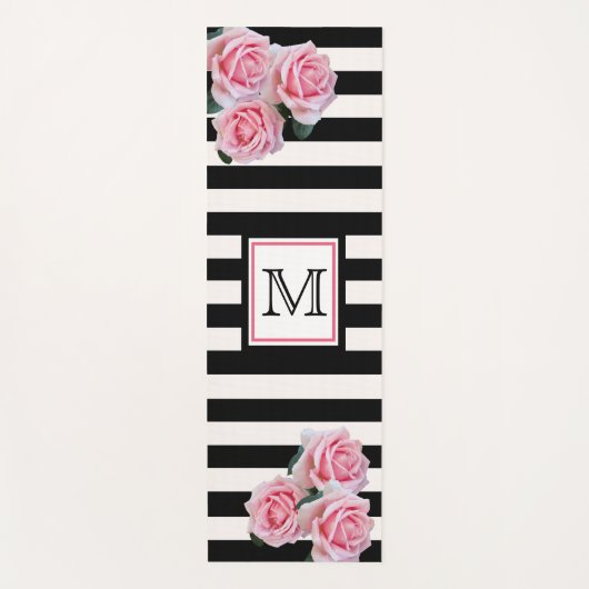 白黒ストライプピンク花模様モノグラム ヨガマット (正面)