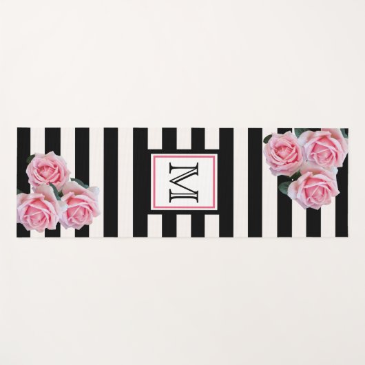 白黒ストライプピンク花模様モノグラム ヨガマット (正面(横))