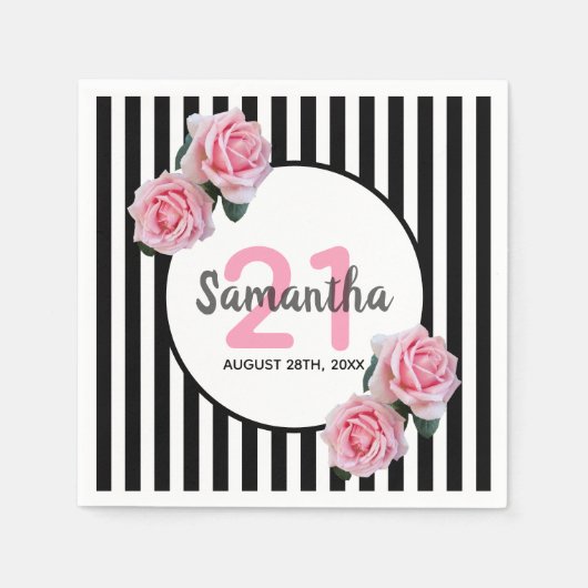 白黒ストライプピンク花模様21歳 スタンダードカクテルナプキン (正面)