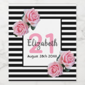 白黒ストライプピンク花模様21歳 ワインラベル (シングルラベル)