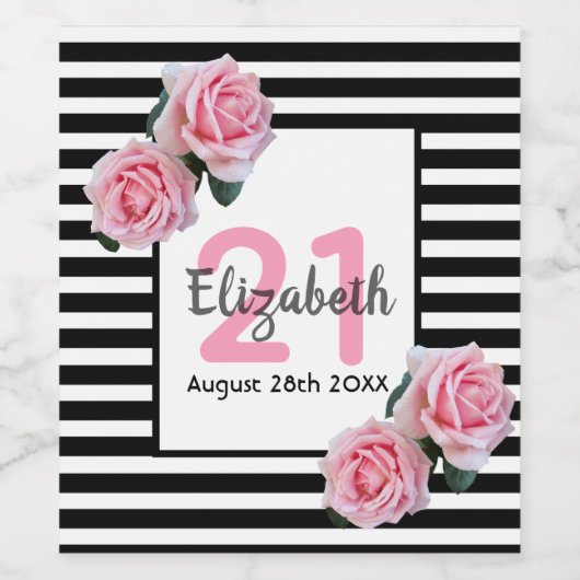 白黒ストライプピンク花模様21歳 ワインラベル (シングルラベル)