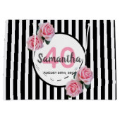 白黒ストライプピンク花模様40歳 ラージペーパーバッグ (正面)