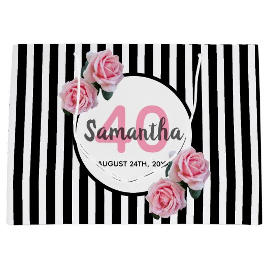 白黒ストライプピンク花模様40歳 ラージペーパーバッグ (正面)