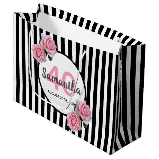 白黒ストライプピンク花模様40歳 ラージペーパーバッグ (正面アングル)