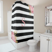 白黒ストライプピンク金ゴールドフローラモノグラム シャワーカーテン (インサイチュ)