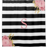 白黒ストライプピンク金ゴールドフローラモノグラム シャワーカーテン (正面)