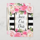 白黒ストライプフローラピンクの日付を保存 案内ポストカード (正面/裏面)