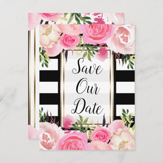 白黒ストライプフローラピンクの日付を保存 案内ポストカード (正面/裏面)