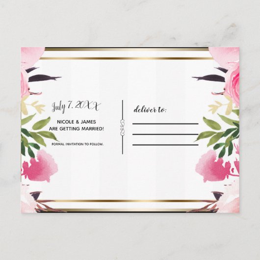 白黒ストライプフローラピンクの日付を保存 案内ポストカード (裏面)