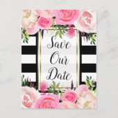 白黒ストライプフローラピンクの日付を保存 案内ポストカード (正面)