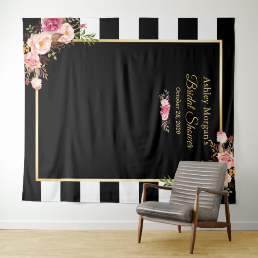 白黒ストライプフローラブライダルシャワー背景 タペストリー (インサイチュ(横))