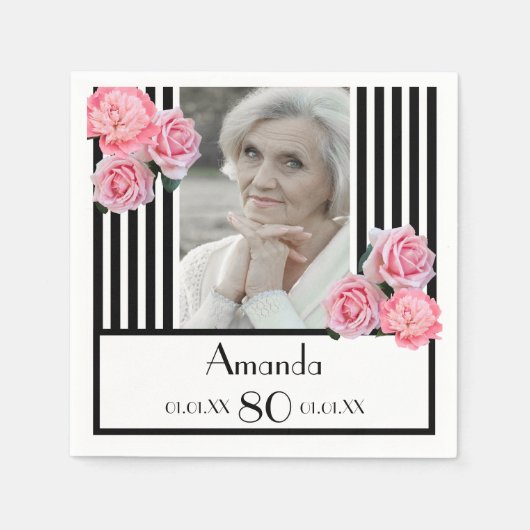 白黒ストライプフローラ写真80歳の誕生日 スタンダードカクテルナプキン (正面)