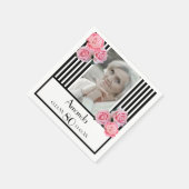 白黒ストライプフローラ写真80歳の誕生日 スタンダードカクテルナプキン (角)