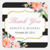 白黒ストライプフローラ結婚式の引き出物ありがとう スクエアシール (正面)