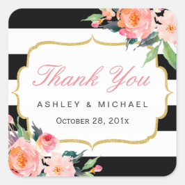 白黒ストライプフローラ結婚式の引き出物ありがとう スクエアシール