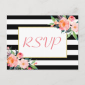 白黒ストライプフローラ金ゴールド結婚式RSVP返信 インビテーションポストカード (正面)
