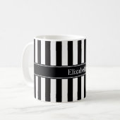 白黒ストライプブラックネームモノグラム コーヒーマグカップ (正面左)