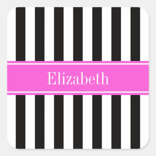 白黒ストライプホットピンクリボン名モノグラム スクエアシール (正面)