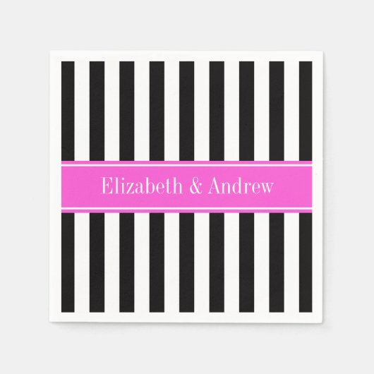 白黒ストライプホットピンクリボン名モノグラム スタンダードカクテルナプキン (正面)