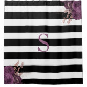 白黒ストライプマウヴバラ金ゴールドフローラモノグラム シャワーカーテン (正面)