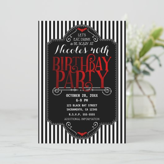 白黒ストライプレッドゴシックこうもり誕生日パーティー 招待状 (スタンド正面)
