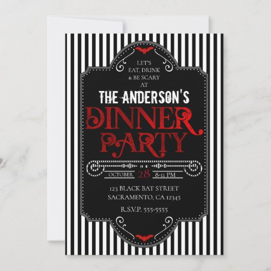 白黒ストライプレッドゴシックディナーパーティー 招待状 (正面)