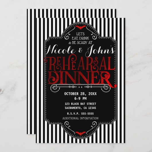 白黒ストライプレッドゴシックリハーサル 招待状 (正面/裏面)