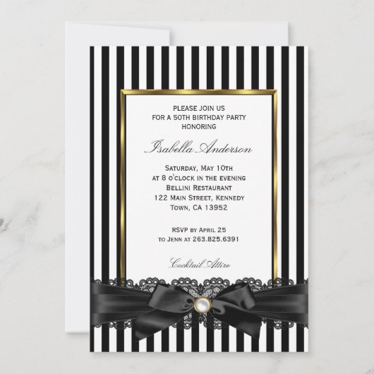 白黒ストライプレースボウ金ゴールド50歳の誕生日 招待状 (裏面)