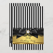 白黒ストライプレースボウ金ゴールド50歳の誕生日 招待状 (正面/裏面)