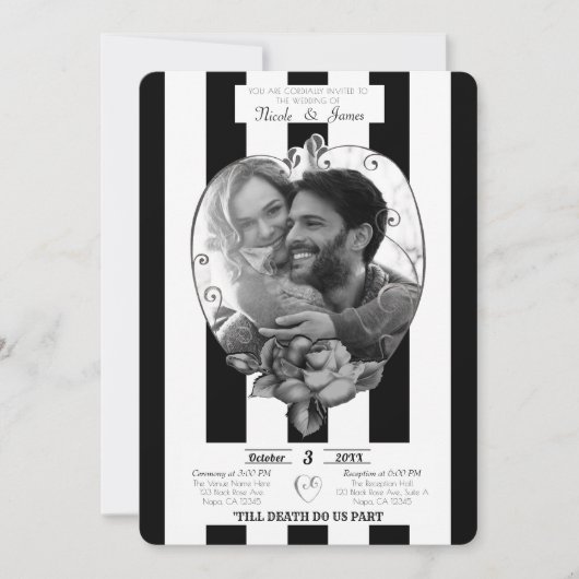 白黒ストライプ写真結婚ゴシック結婚ズ 招待状 (正面)