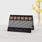 白黒ストライプ及びピンクローズ カード (黄色い花)