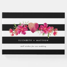 白黒ストライプ明るい赤紫色フローラ結婚 ゲストブック